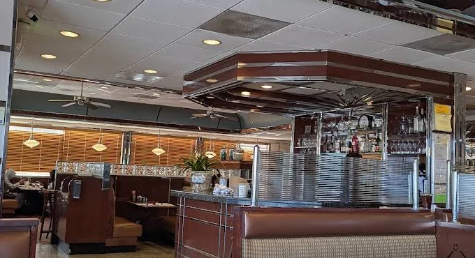 Booths and chrome details inside Towson Diner